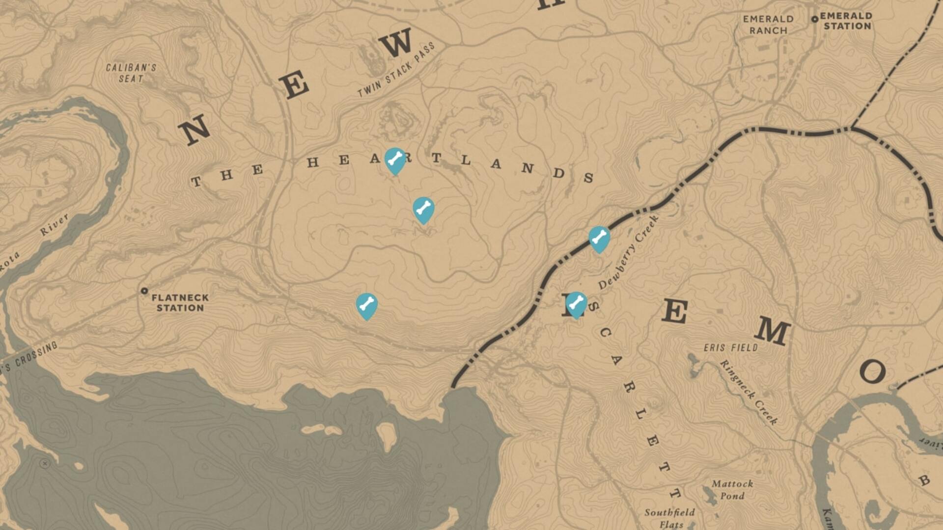 A screenshot of the Red Dead Redemption 2 map that shows the locations of all Dinosaur Bones around The Heartlands - 7