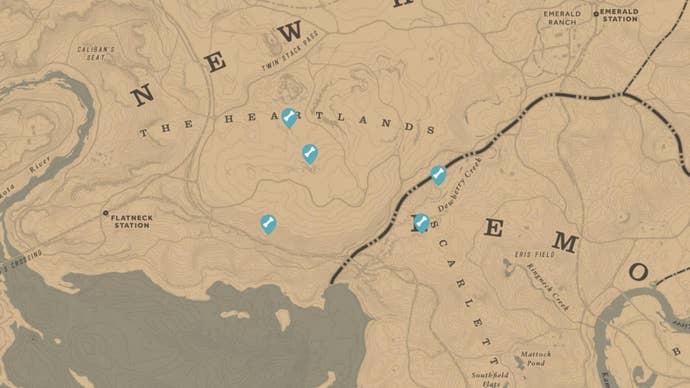 A screenshot of the Red Dead Redemption 2 map that shows the locations of all Dinosaur Bones around The Heartlands