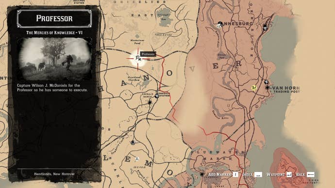 The location of McDaniels and his gang during The Mercies of Knowledge Stranger Mission is marked on the map in Red Dead Redemption 2