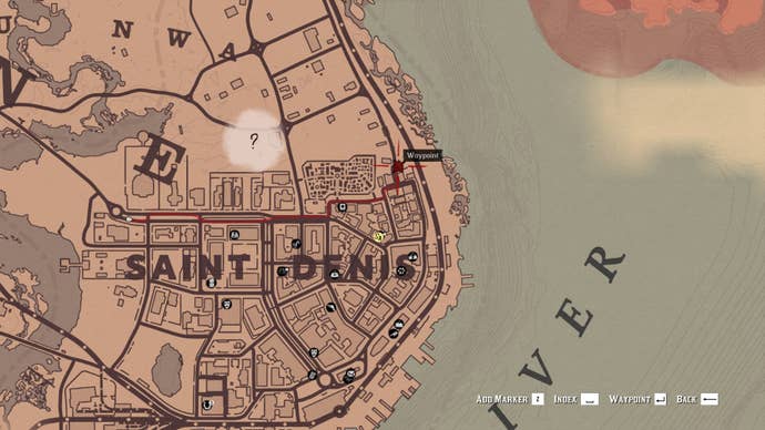 The location of the Professor during the Mercies of Knowledge Stranger Mission is marked on the map in Red Dead Redemption 2