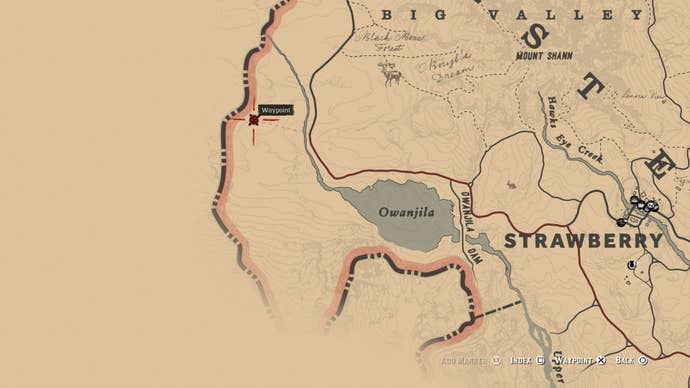 Map showing the location players need to head to to start the Landmarks Of Riches Treasure hunt in Red Dead Redemption 2.