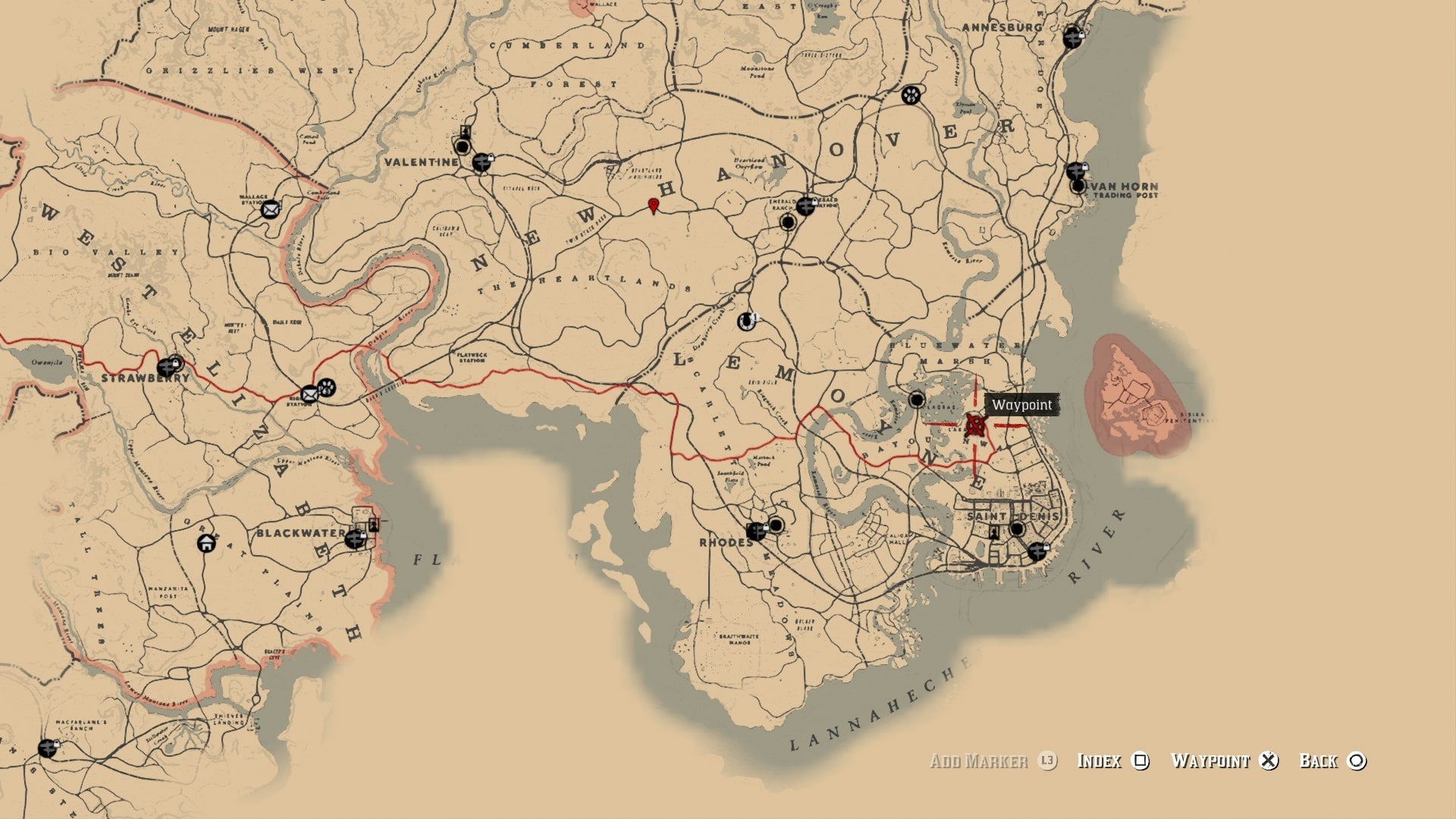 Map showing the first location players need to head to on the Landmark of Riches Treasure hunt in RDR2. - 5