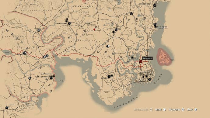 Map showing the first location players need to head to on the Landmark of Riches Treasure hunt in RDR2.