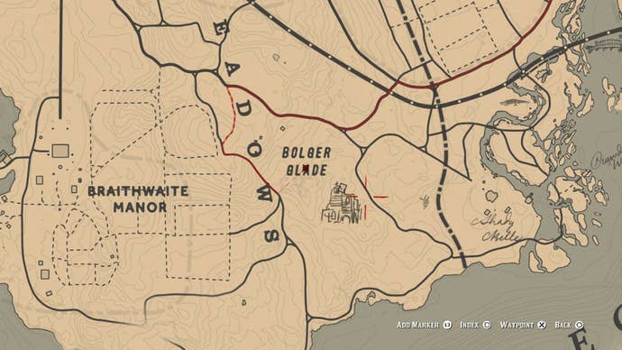Map showing the third location players need to head to on the Landmark of Riches Treasure hunt in RDR2.