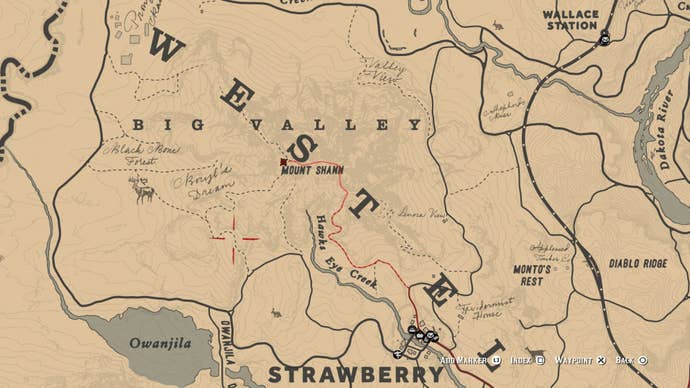 Map showing the fourth location players need to head to on the Landmark of Riches Treasure hunt in RDR2.