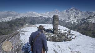 Arthur Morgan standing by the Mount Shann sundial in Red Dead Redemption 2.