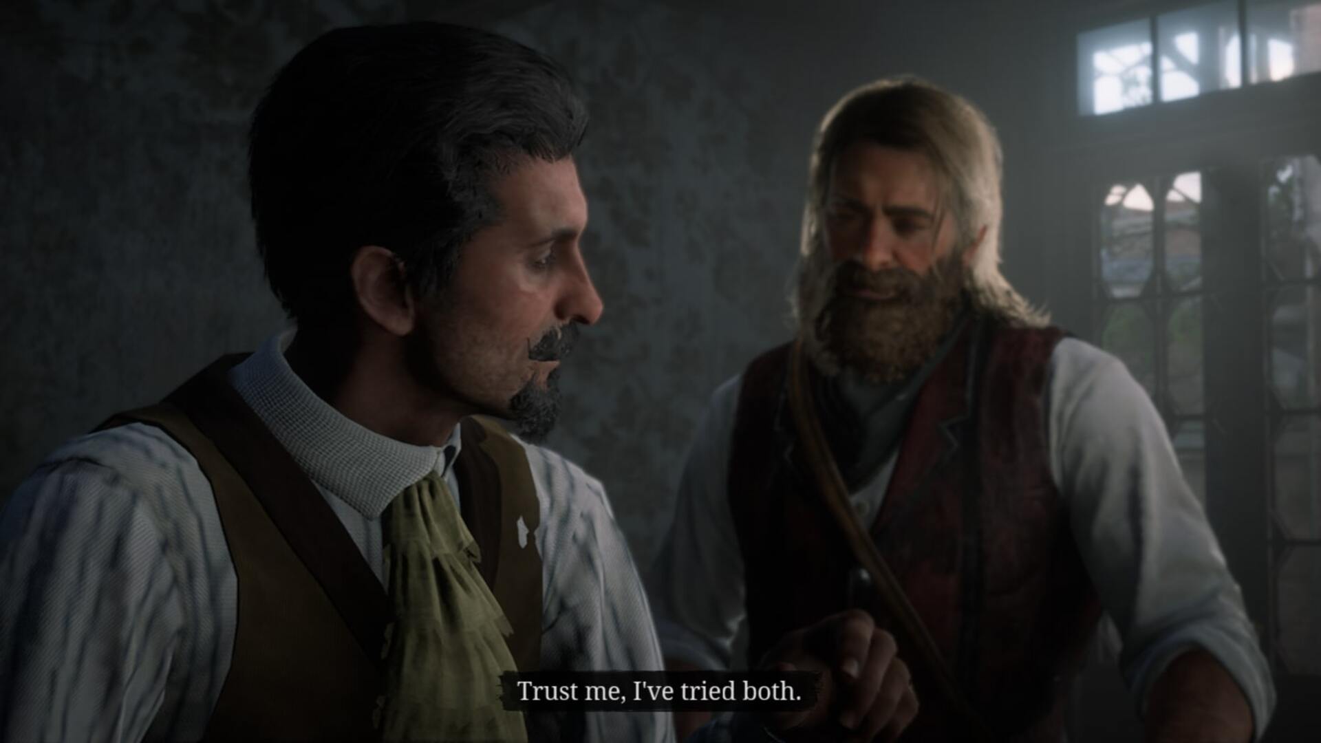 Arthur speaks with artist, Charles Chatenay, in a bar in Saint Denis in Red Dead Redemption 2 - 1