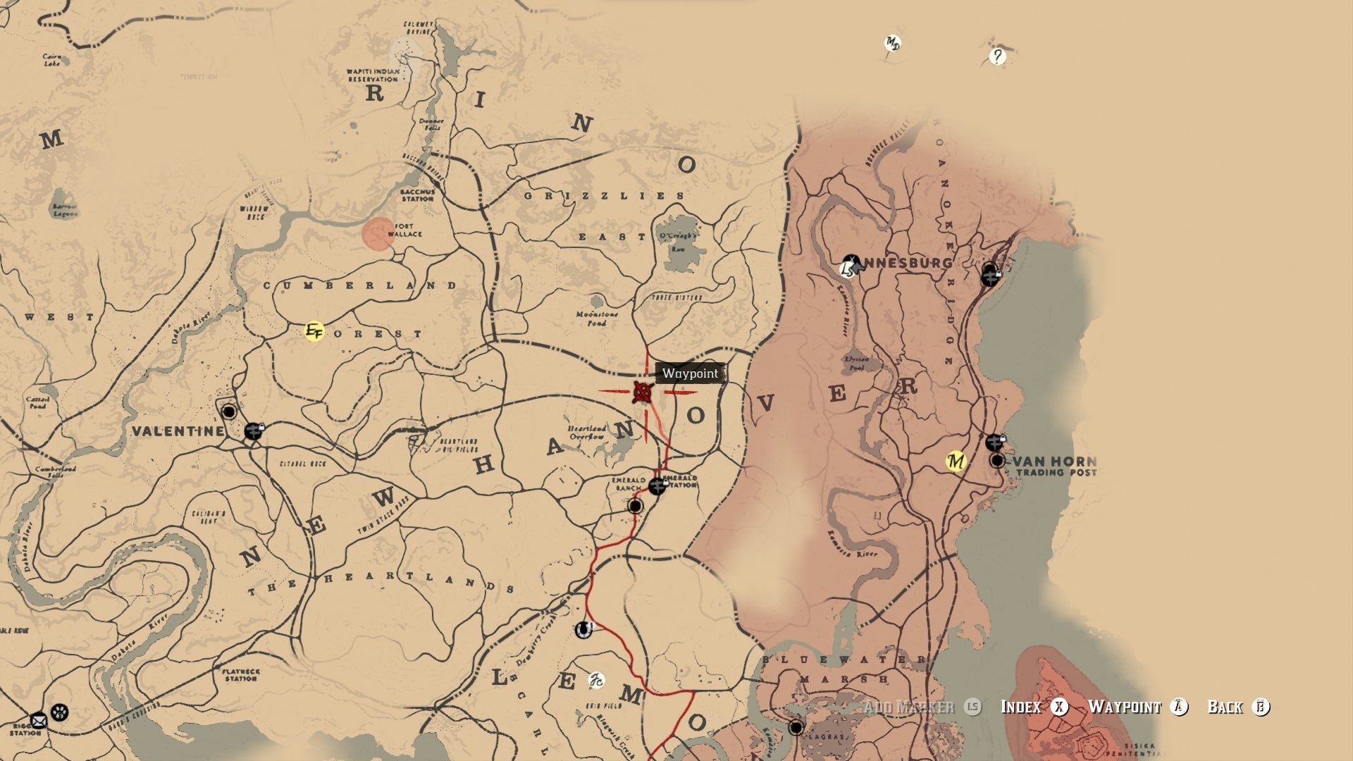 A waypoint on the map marks a small shack in New Hanover where players can spot a UFO in Red Dead Redemption 2 - 3