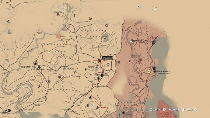 A waypoint on the map marks a small shack in New Hanover where players can spot a UFO in Red Dead Redemption 2