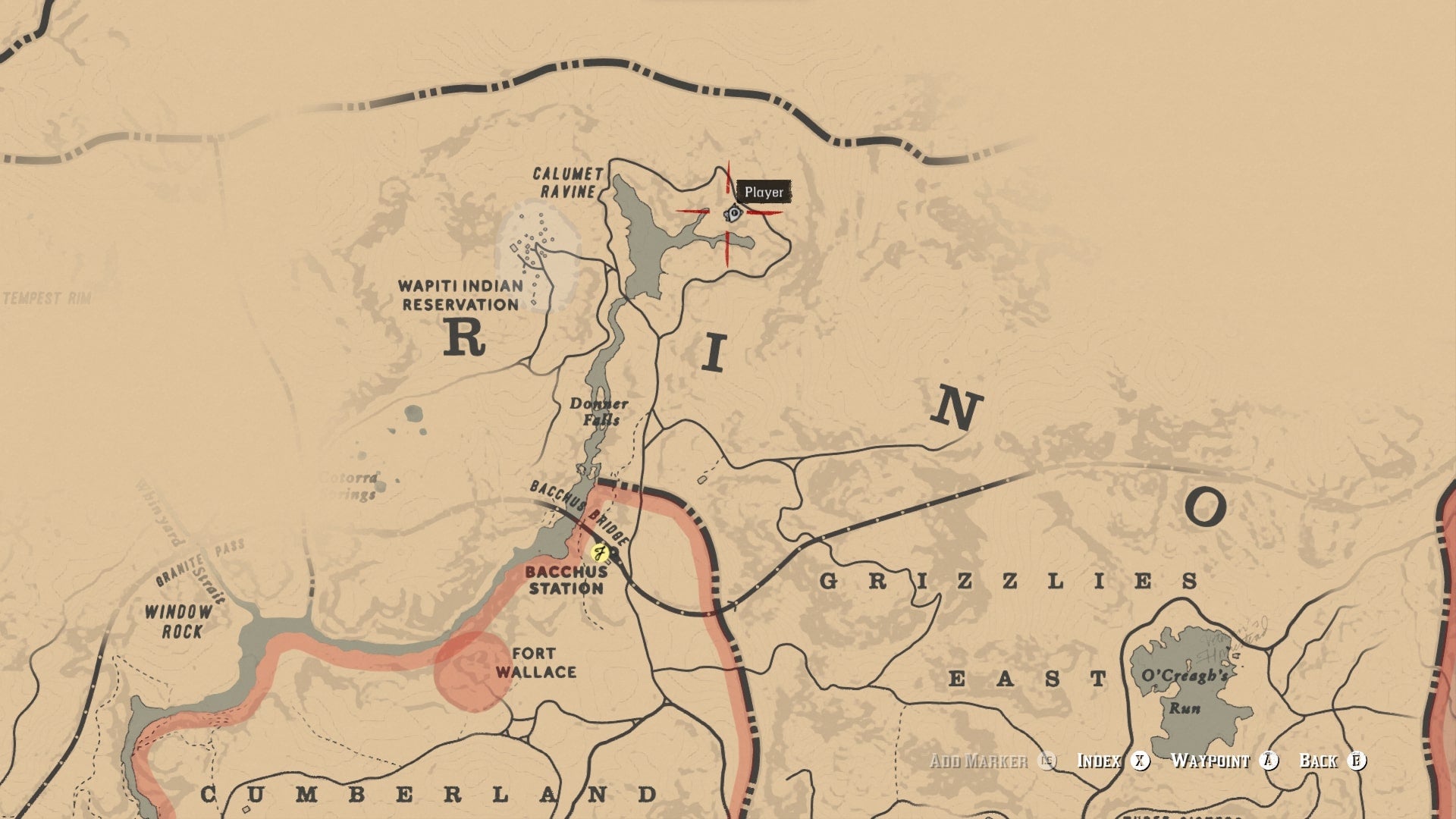 A waypoint is shown on the Red Dead Redemption 2 map, showing where to find the Ancient Tomahawk - 9