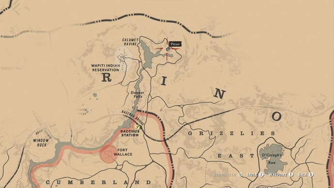 A waypoint is shown on the Red Dead Redemption 2 map, showing where to find the Ancient Tomahawk