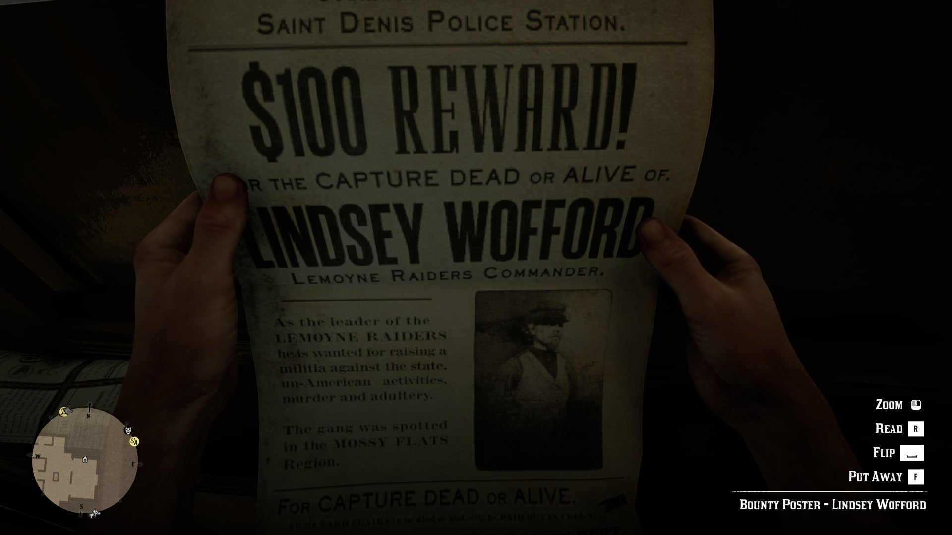 Arthur looks at a bounty poster in the sheriff's station in Saint Denis in Red Dead Redemption 2 - 1