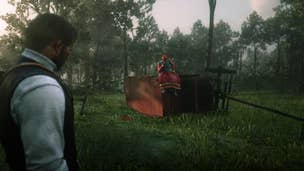 Arthur looks on at a circus performer and their broken wagons - part of the He's British, Of Course Stranger Mission - in Lemoyne in Red Dead Redemption 2