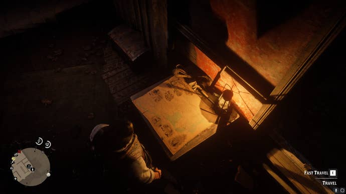 Arthur looks at the fast travel map at the Shady Belle camp in Red Dead Redemption 2
