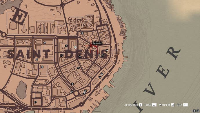 A map showing where to find some vampire-related graffiti in Saint Denis in Red Dead Redemption 2