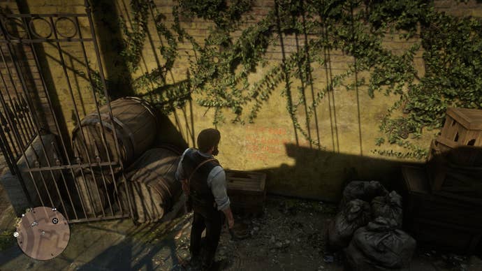 Arthur looks at some vampire-related graffiti carved into a wall in Red Dead Redemption 2's Saint Denis