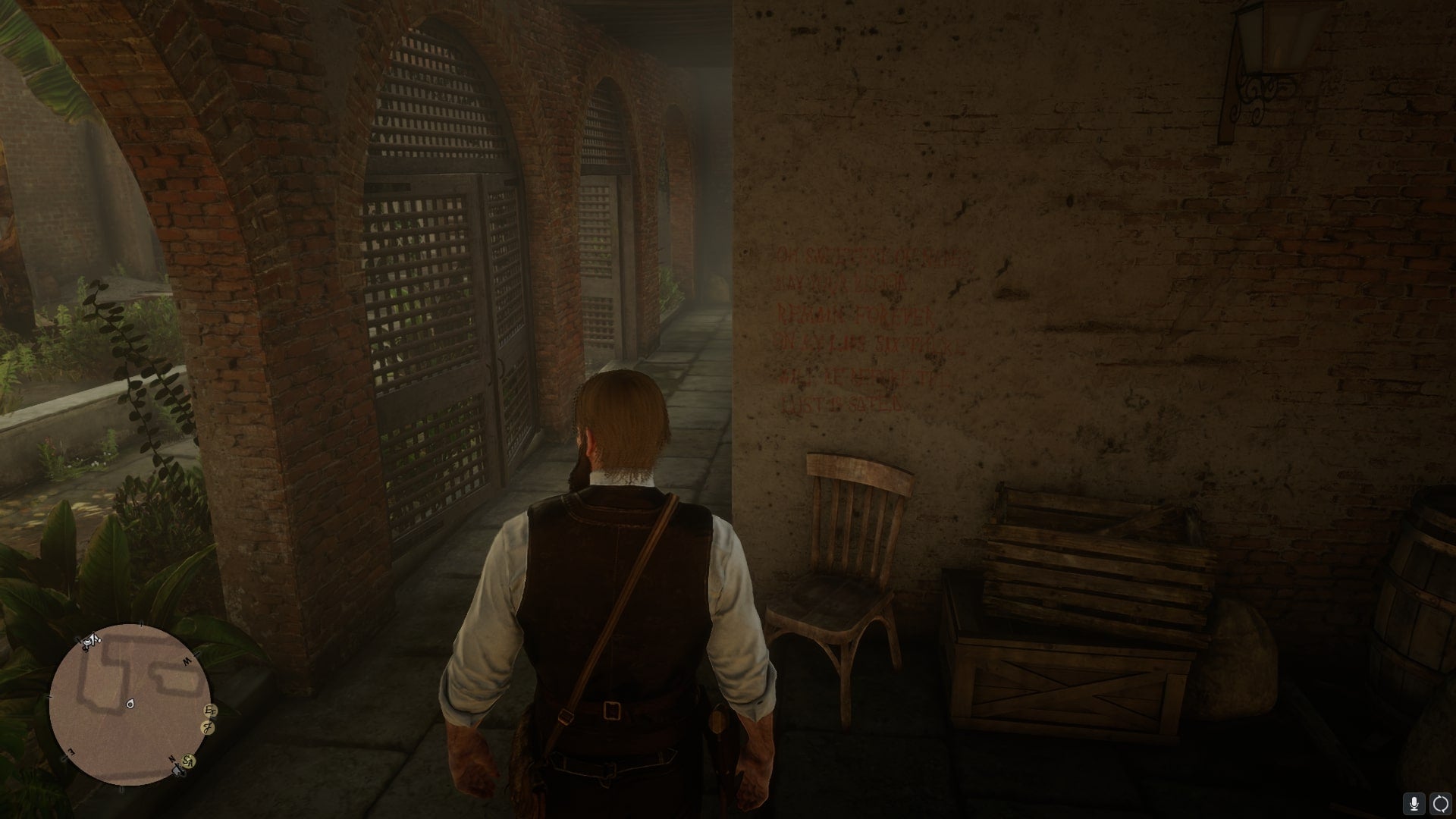 Arthur looks at some vampire-related graffiti carved into a wall in Red Dead Redemption 2's Saint Denis - 9