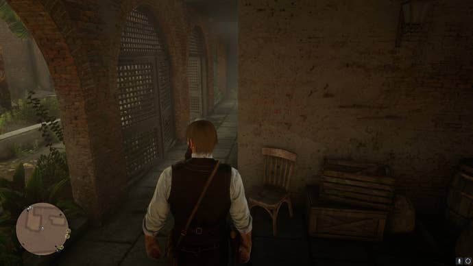 Arthur looks at some vampire-related graffiti carved into a wall in Red Dead Redemption 2's Saint Denis