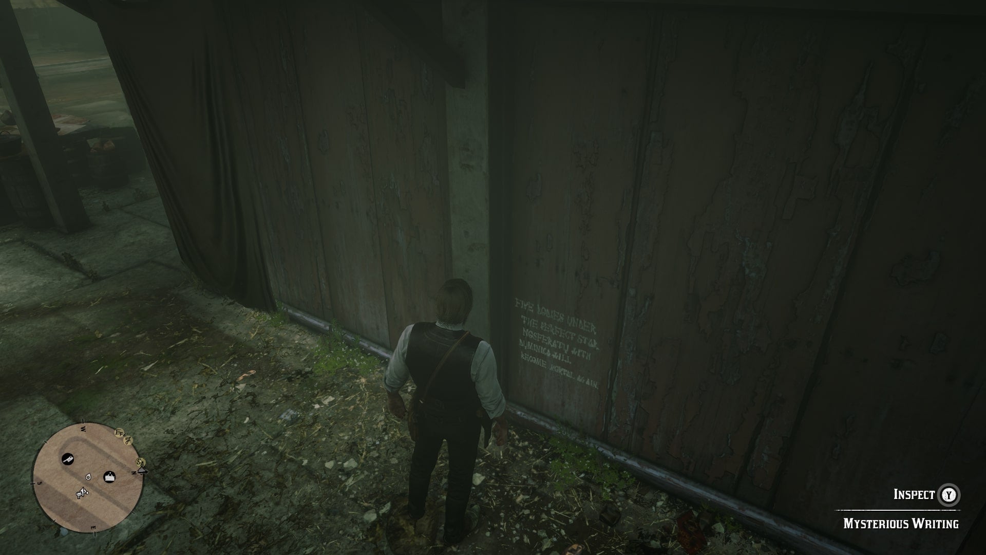 Arthur looks at a piece of vampire-related graffiti carved into a wall in Red Dead Redemption 2's Saint Denis - 11