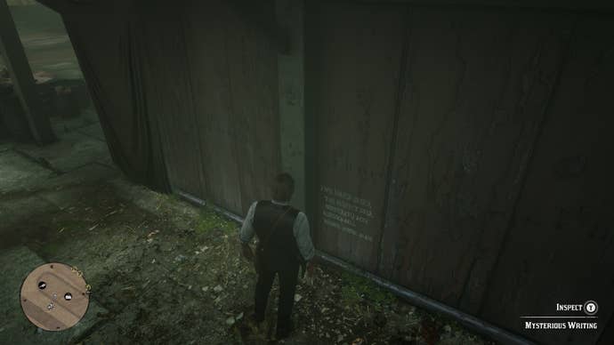 Arthur looks at a piece of vampire-related graffiti carved into a wall in Red Dead Redemption 2's Saint Denis