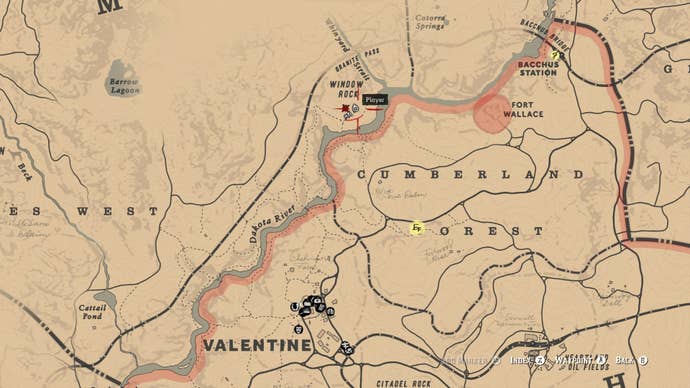 A waypoint is shown on the Red Dead Redemption 2 map, showing where to find the Hunter Hatchett