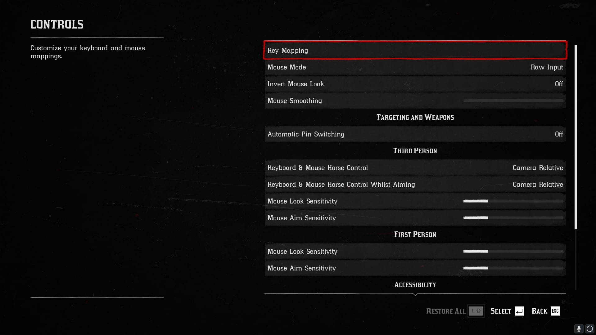 The Keyboard and Mouse settings menu in Red Dead Redemption 2 is shown - 3