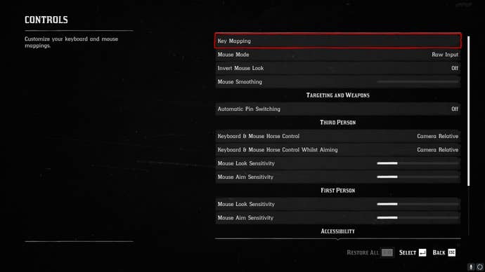 The Keyboard and Mouse settings menu in Red Dead Redemption 2 is shown