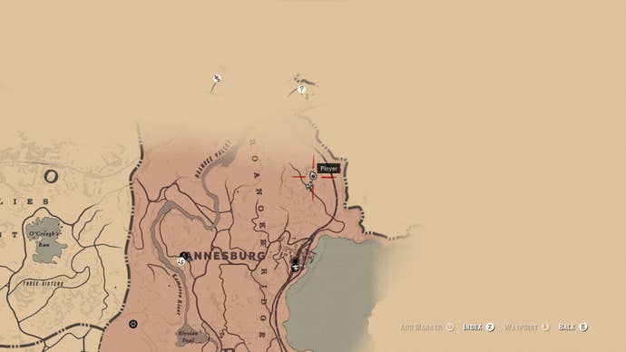 A waypoint is shown on the Red Dead Redemption 2 map, showing where to find the Rare Double-Barreled Shotgun