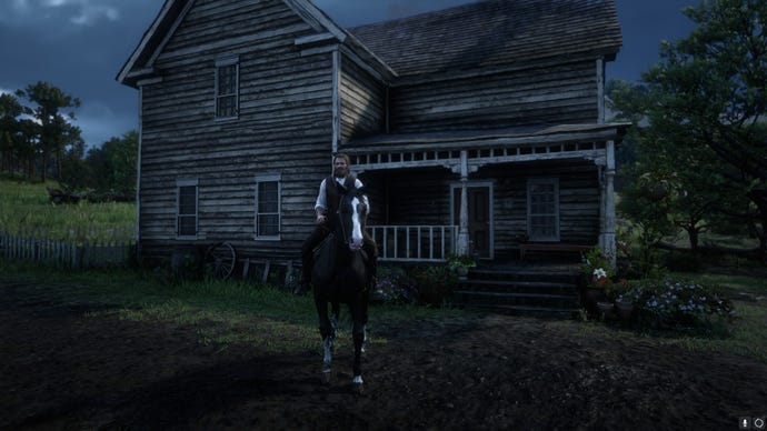 Arthur Morgan stands in front of Mary's old home in Valentine in Red Dead Redemption 2