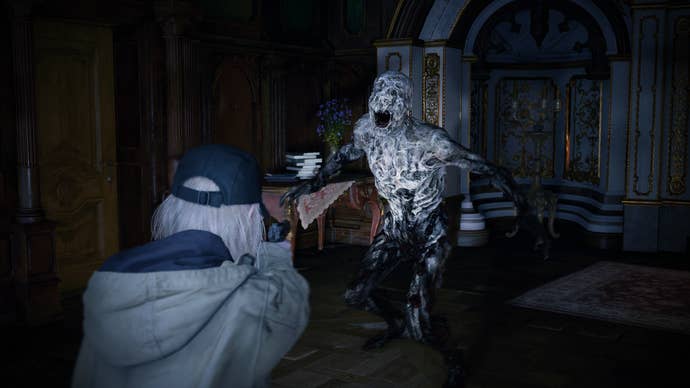 Rose is shown firing at a monster in third-person mode,  in Resident Evil Village DLC, Shadows of Rose.