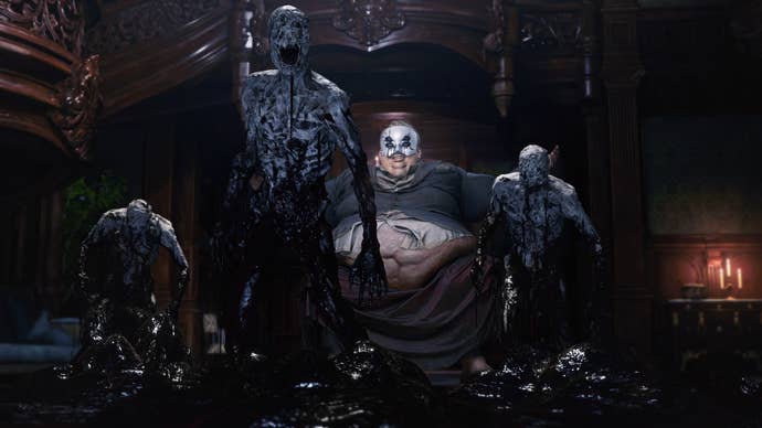 Three ashen zombies rise up out of red gore, while the masked Baron sits smiling behind them in Resident Evil Village’s Shadows Of Rose DLC