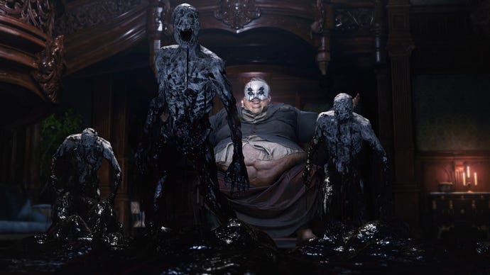 Three ashen zombies rise up out of red gore, while the masked Baron sits smiling behind them in Resident Evil Village’s Shadows Of Rose DLC