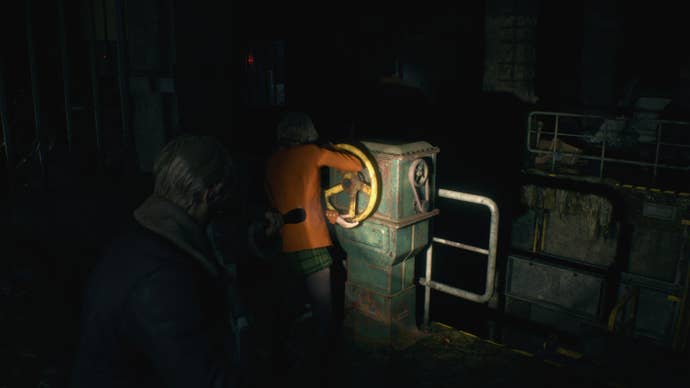 Ashley turns a wheel to raise a bridge in Resident Evil 4 Remake