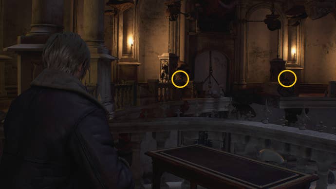 Leon looks toward two levers, either side of a gate in the Ballroom, in Resident Evil 4 Remake