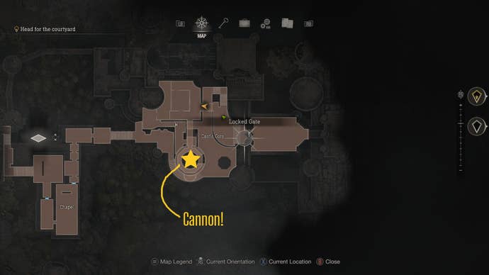 A map of the castle exterior, showing where to find the cannon, in Resident Evil 4 Remake