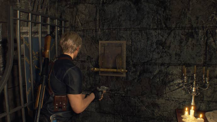 Leon looks at a lever that needs pulling in the church in Resident Evil 4 Remake