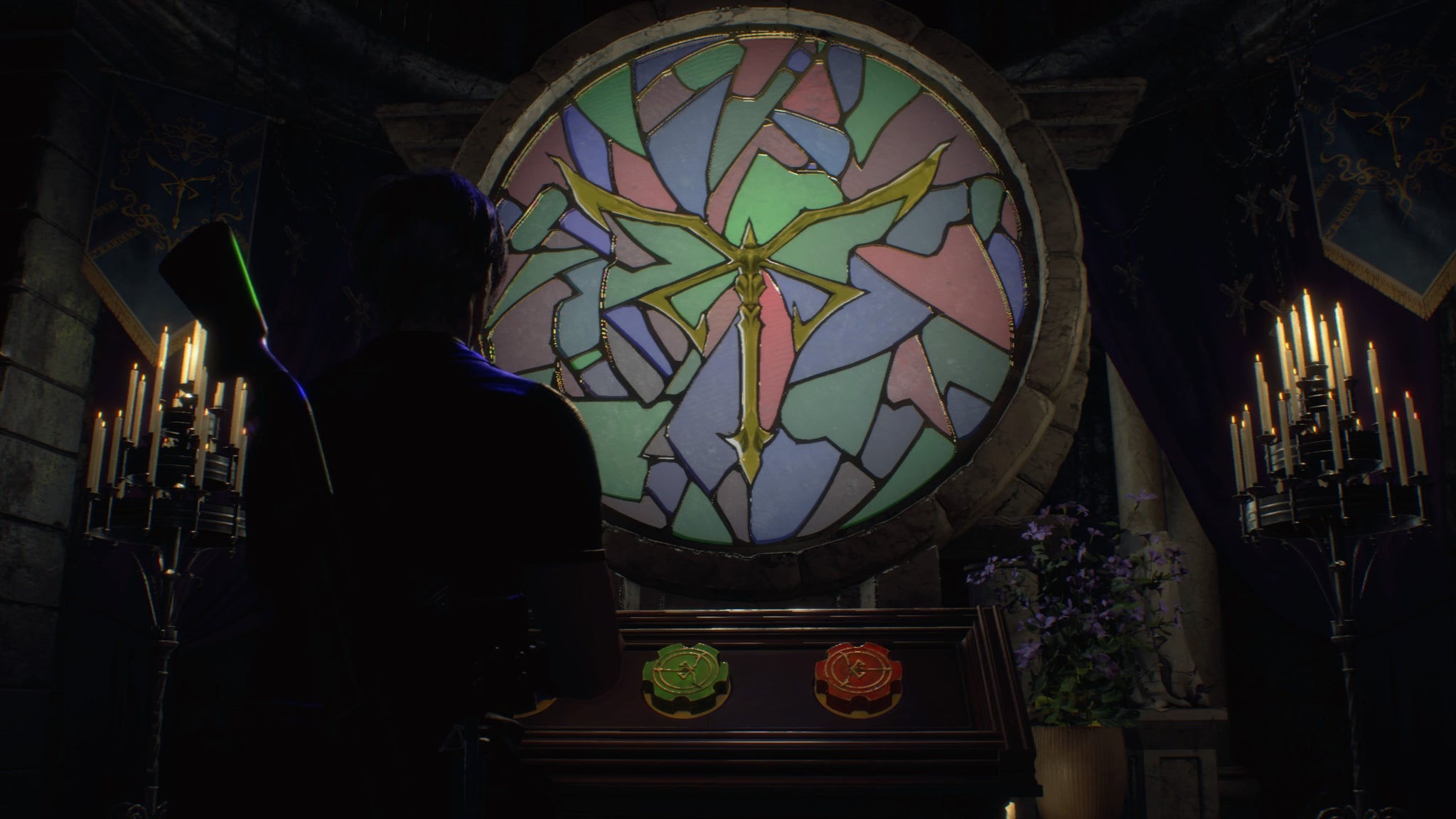 Leon solves the stained-glass window puzzle in the church, in Resident Evil 4 Remake - 14
