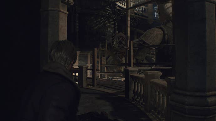 Leon looks toward some scaffolding in Resident Evil 4 Remake's Clock Tower