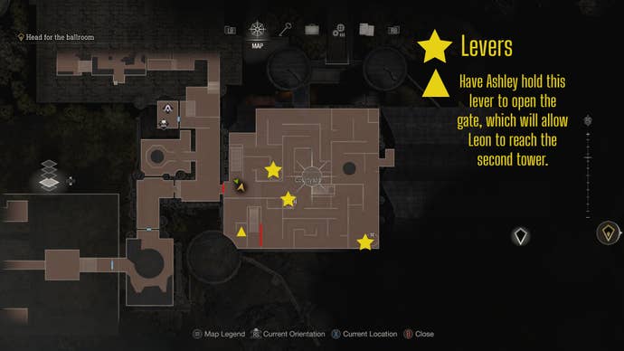 A map of the Courtyard in Resident Evil 4 Remake, with each lever labelled
