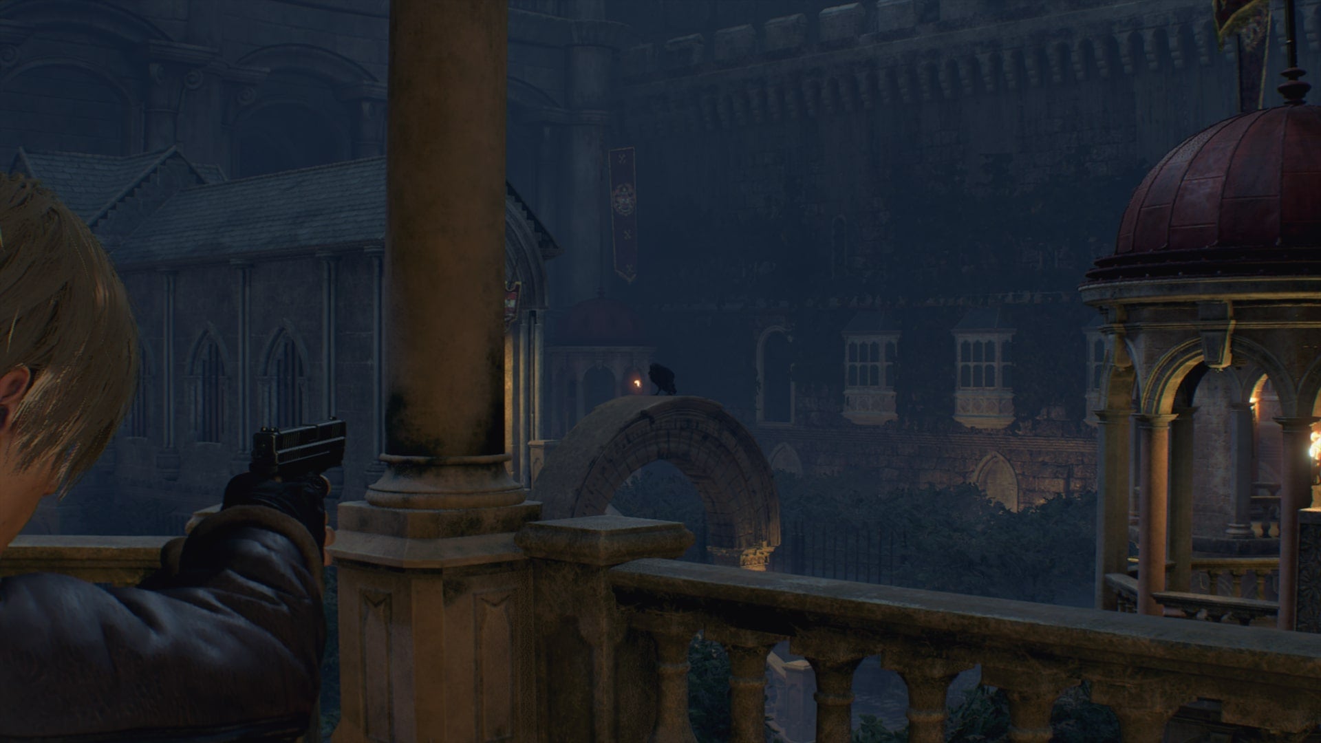 Leon aims at a crow in the castle&rsquo;s Courtyard in Resident Evil 4 Remake