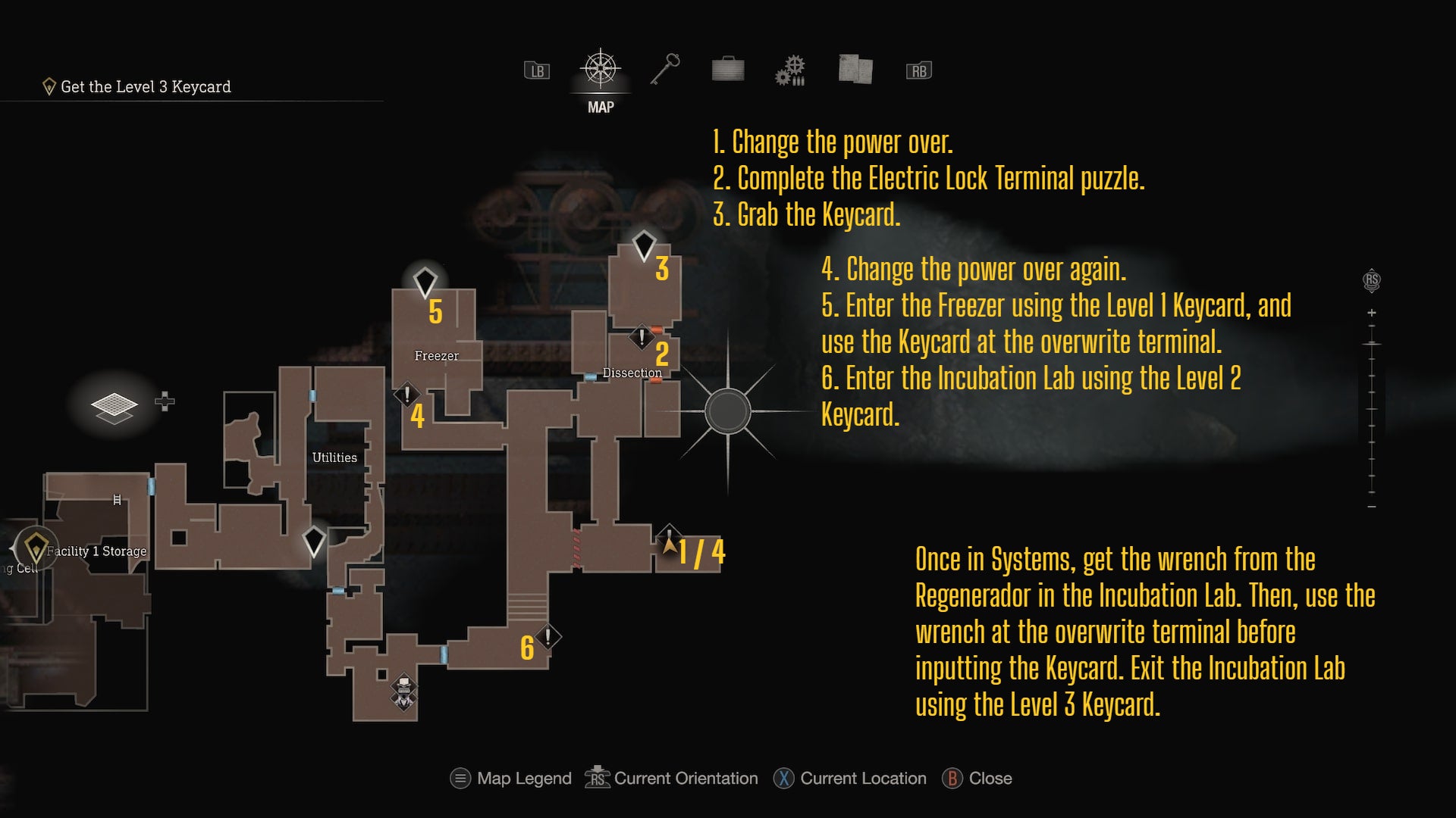 A map of Dissection in Resident Evil 4 Remake, labelled with the various areas players need to go to get the Level 3 Keycard
