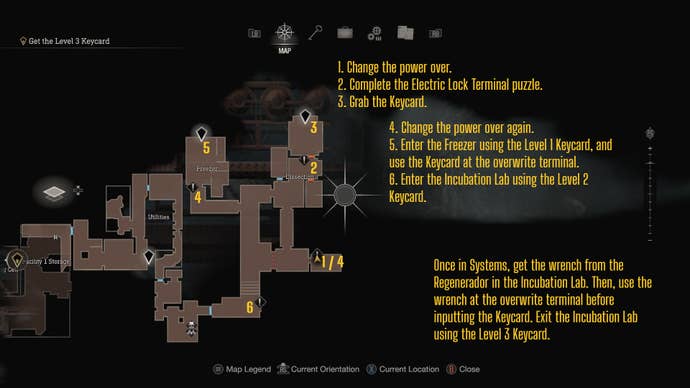 A map of Dissection in Resident Evil 4 Remake, labelled with the various areas players need to go to get the Level 3 Keycard