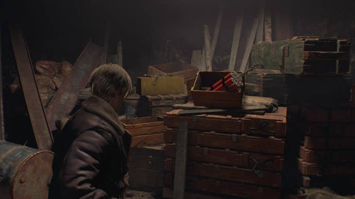 Leon looks at some dynamite found in Resident Evil 4 Remake's mines