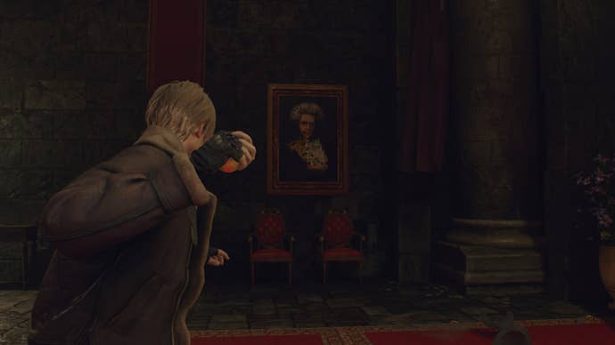 Leon eggs a portrait of Ramon Salazar in Resident Evil 4 Remake