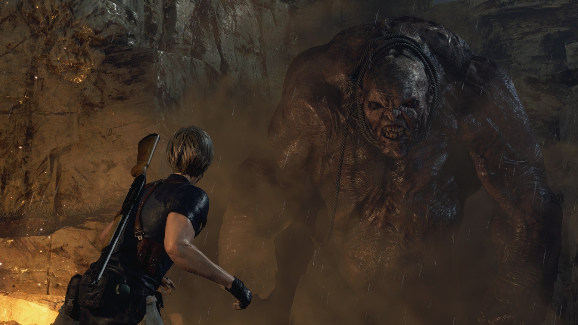 Leon looks at the huge beast that is El Gigante in The Quarry of the Resident Evil 4 Remake - 11