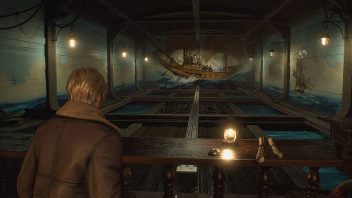 Leon looks into the firing range, which is pirate themed, in Resident Evil 4 Remake