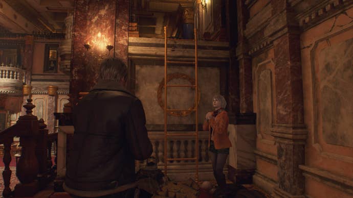 Leon and Ashely stand beside the ladder in the gallery in Resident Evil 4 Remake
