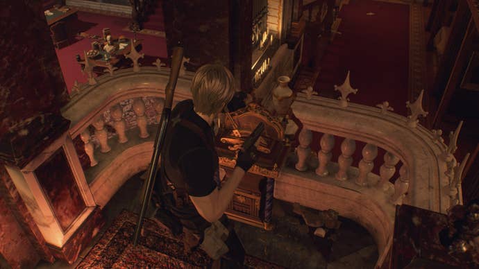 Leon pulls the lever to raise the bridge in the Gallery in Resident Evil 4 Remake