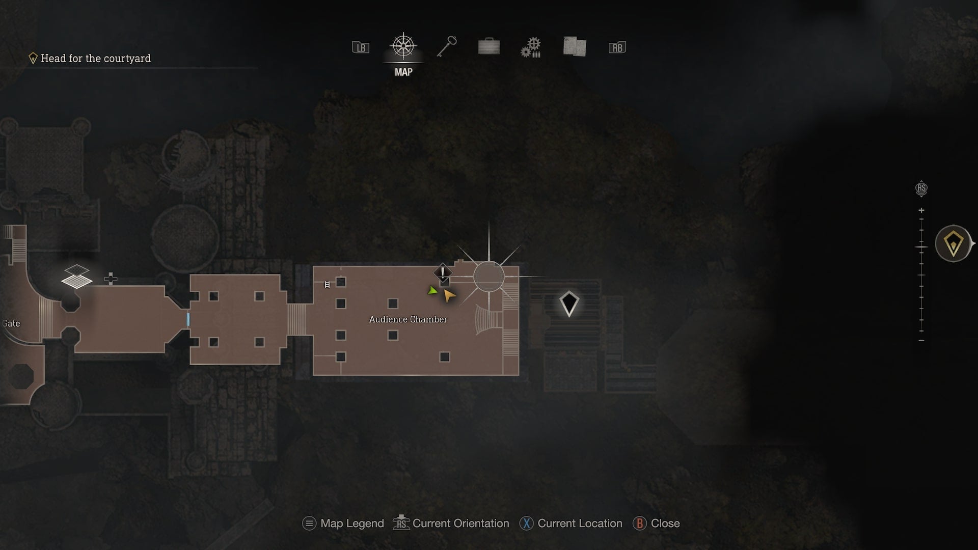 A map of the Audience Hall in Resident Evil 4 Remake, showing how to leave the hall via a gap in the wall - 4