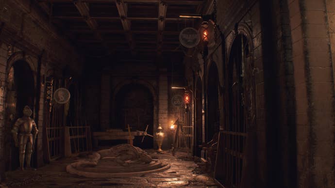 A small room in the Treasury showing multiple animal-embellished gongs, and a bloodied sword, in Resident Evil 4 Remake